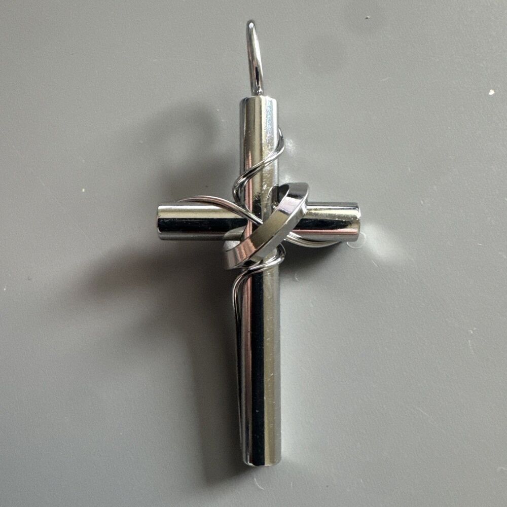 Cylindrical Silver-Tone Cross Wrapped Delicate Wire Stainless Steel 24” Necklace